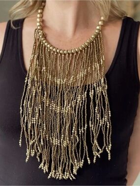 Gold Beaded Fringe Statement Necklace - Women Jewelry